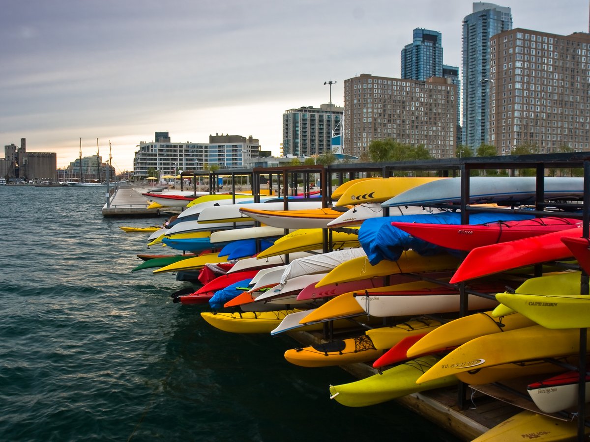 Colourful kayaks lined up on a lake shore